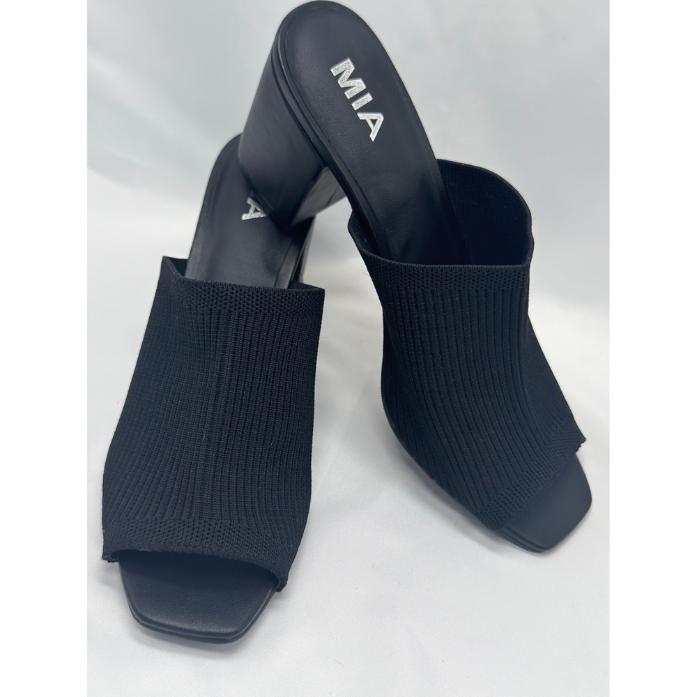 Black Knit Mule Sandals Women‎ 8.5M Open Toe Block Heel Slip On Going Out Work